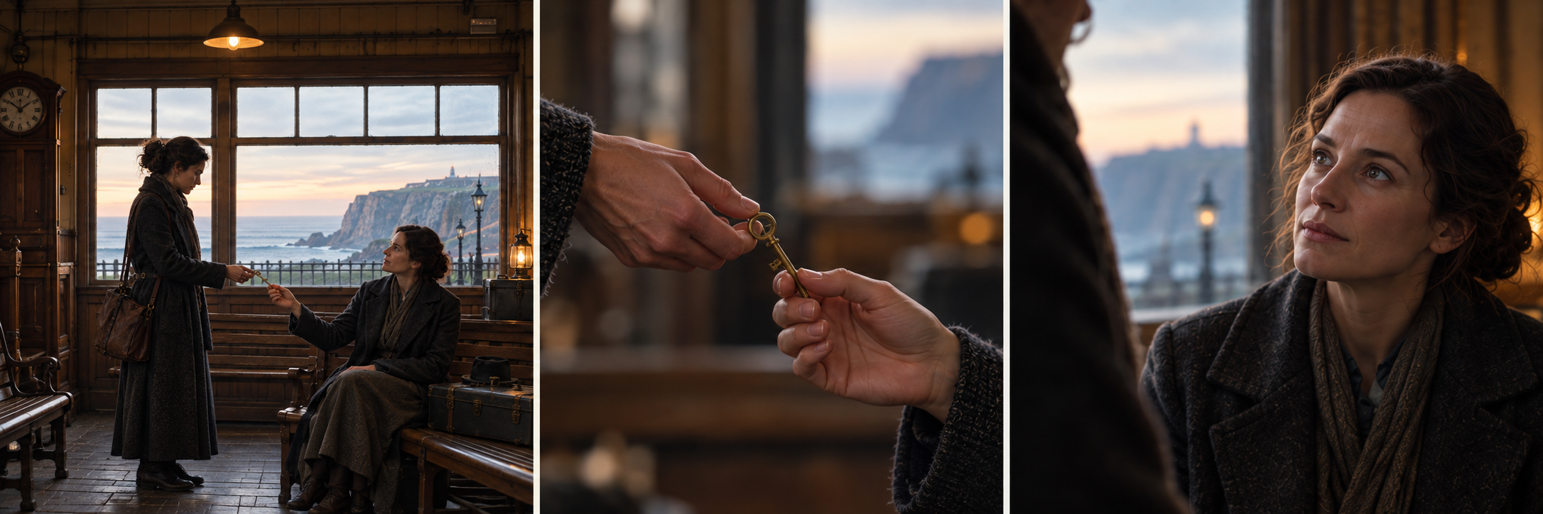 A three-panel illustrative AI-generated production example: a station meeting, a hand passing a key, and a close portrait.